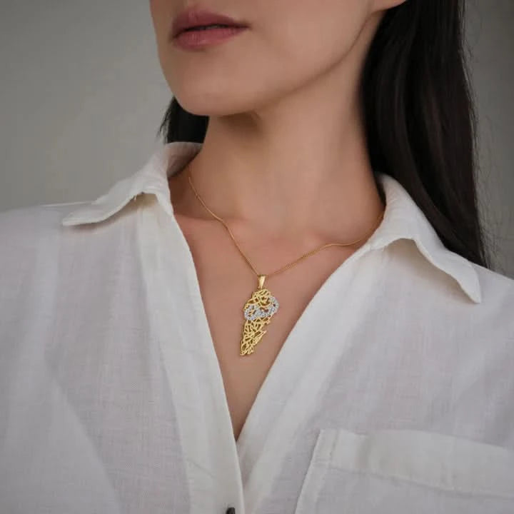 Lebanon Map Necklace with Arabic Calligraphy Diamonds